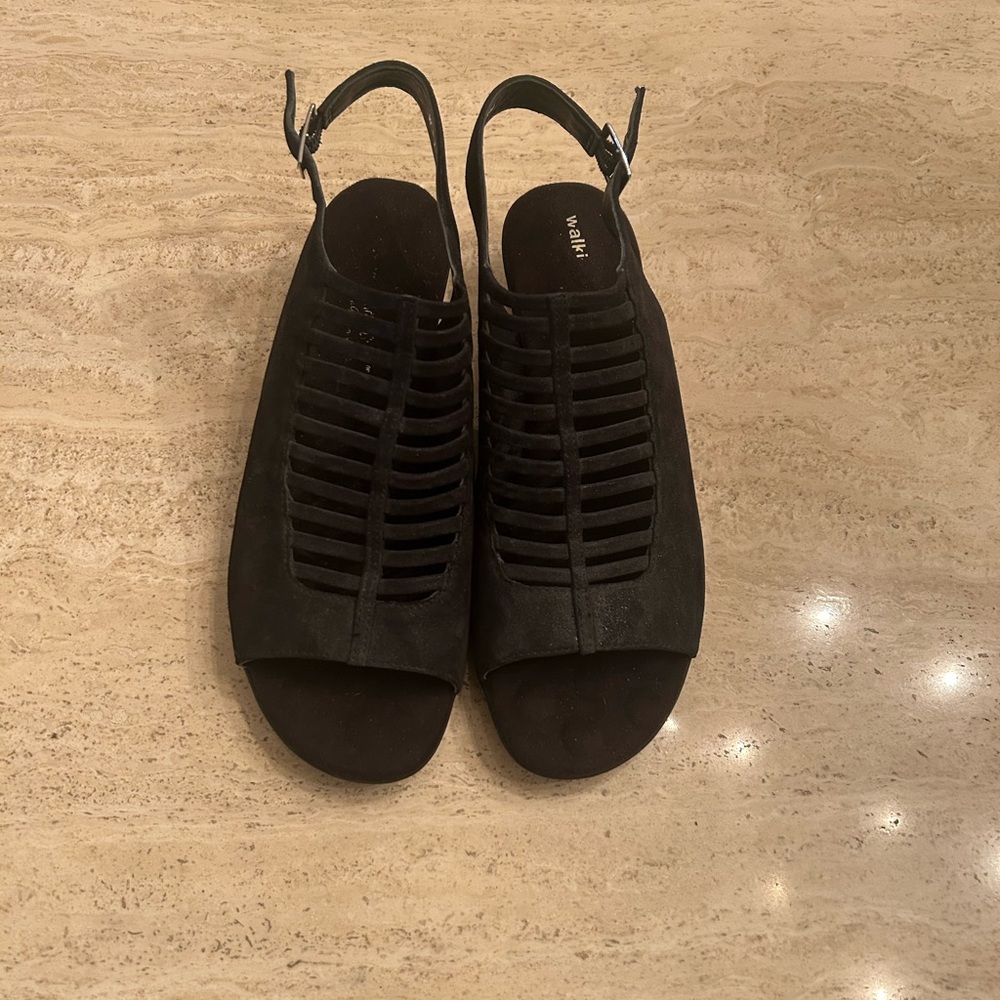 Walking Cradles Black Peep-Toe Wedges - Size 10.5M